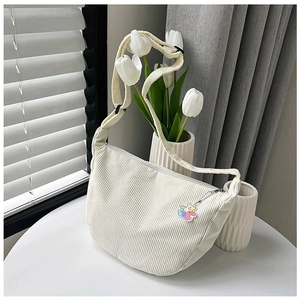 Women Corduroy Shoulder Bag Large Capacity Half Moon Crossbody Bag With Cute Bear Charm Casual Minimalist Hobo Bag For Daily