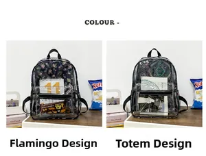 Détail de sacs à dos transparents en PVC avec imprimés flamant et totem côte à côte