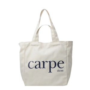 Minimalist cream canvas tote bag with carpe dienn print and double handles for women