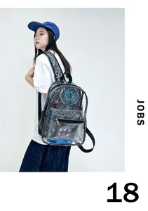 Détail du sac à dos en PVC transparent montrant la doublure et les bretelles à motif Paisley