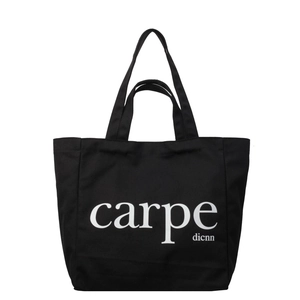 Minimalist black canvas tote bag with white carpe print and large capacity handles