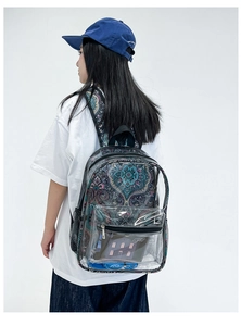 Détail d'un sac à dos en PVC transparent avec bretelles imprimées porté par un mannequin