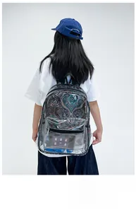 Détail du sac à dos transparent en PVC montrant le motif paisley et les bretelles noires