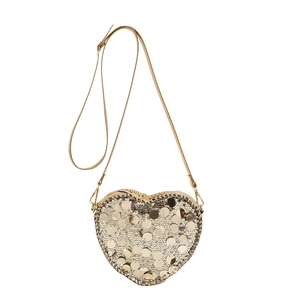 Chic heart-shaped crossbody bag featuring shimmering gold sequins and metallic strap