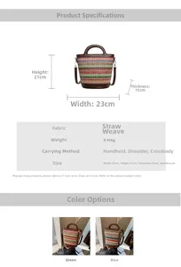 Detailed size specifications for striped straw bucket bag with leather trim dimensions