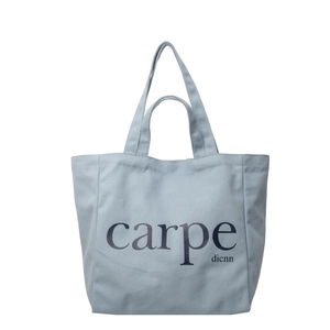 Minimalist light blue canvas tote bag with black carpe dicnn lettering decoration
