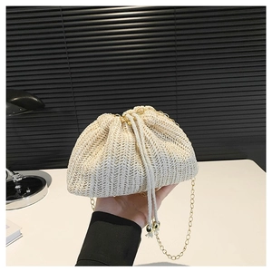 Women's Urban Minimalist Woven Shoulder Bag Lightweight Drawstring Bucket Bag With Gold Metal Chain Strap Vacation Handbag