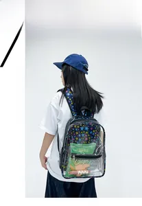Détail d'un sac à dos en PVC transparent avec motifs d'étoiles colorées et fermeture noire