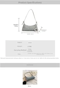 Detailed size guide for denim hobo bag featuring width, height and strap measurements