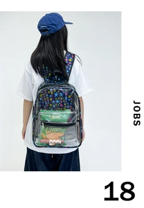 Vue détaillée du sac à dos transparent en PVC avec motifs étoiles et sangles noires