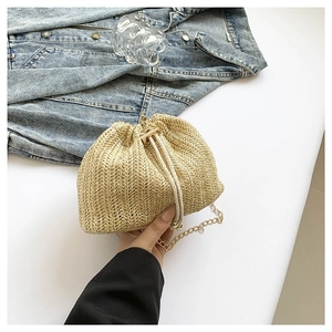 Minimalist beige woven drawstring bucket bag with gold chain strap for women