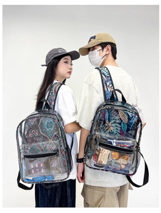 Détail de deux sacs à dos en PVC transparent avec imprimés mandala et feuilles tropicales