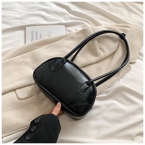 Minimalist black PU leather underarm shoulder bag with a sleek glossy finish and double straps