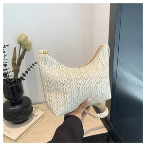 Sac à Épaule en Paille Tissé pour Femme Plage Vacances Été Sac Hobo Demi-Lune Sac à Main Bandoulière Artisanal Minimaliste