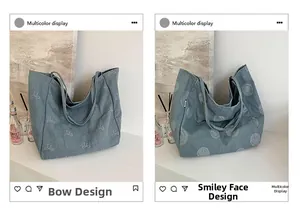 Detail view of denim tote bags showing butterfly bow and smiley face print patterns