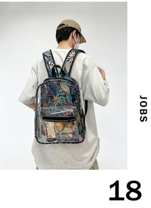 Détail du sac à dos en PVC transparent avec bretelles et panneau arrière à motif tropical