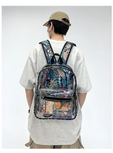Détail du sac à dos transparent en PVC avec motif de feuilles tropicales et bretelles
