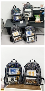 Détail de sacs à dos transparents en PVC avec motifs divers et poches filet latérales
