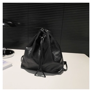 Minimalist black PU leather drawstring bucket bag with a stylish textured square pattern