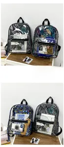 Vue détaillée des sacs à dos en PVC transparent avec diverses pochettes intérieures colorées