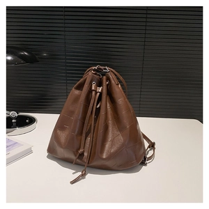 Vintage dark brown PU leather bucket bag with drawstring closure and checkered stitching