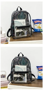 Vue détaillée du sac à dos en PVC transparent montrant la doublure intérieure à motifs mandala