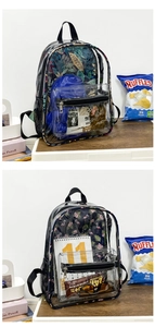 Détails des sacs à dos en PVC transparent imprimé avec motifs floraux et poches en maille
