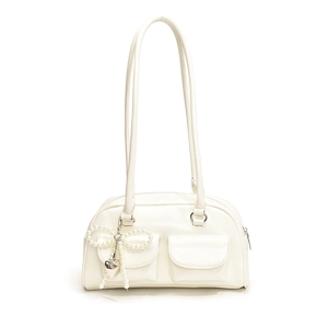 Minimalist cream white PU leather hobo bag with pearl bows and metal heart charms