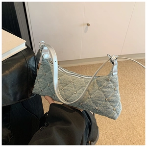 Retro Denim Rhinestone Underarm Bag Women Quilted Rhombus Shoulder Bag Blue Jeans Fabric Baguette Purse Chic Y2K Handbag