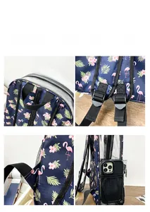 Détails de l'imprimé flamant, poche latérale en filet et bretelles réglables du sac à dos