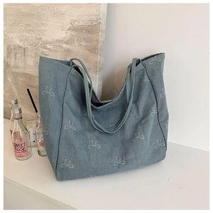 Women Denim Tote Bag Large Capacity Shoulder Bag With Bow Smiley Face Printed Casual Daily Handbag For Shopping School