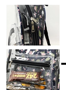 Détail du sac à dos transparent en PVC avec imprimé floral, poche avant et fermeture éclair