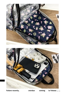 Détail de la doublure flamant rose et de l'espace de rangement du sac à dos en PVC transparent