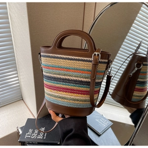 Summer Multicolor Striped Straw Woven Bucket Bag For Women Fashionable Casual Handmade Handheld Shoulder Crossbody Bag