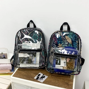 Sac à dos transparent en PVC avec motifs floraux et bohèmes, bretelles noires et poches