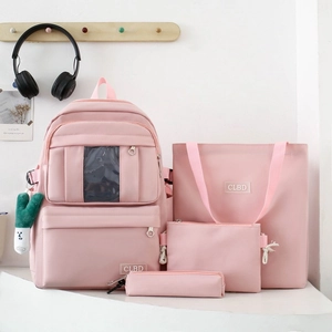 Ensemble 4 pièces sac à dos en nylon rose avec fourre-tout, pochette et trousse