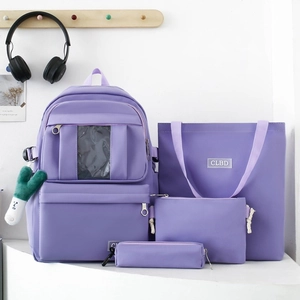 Ensemble de 4 sacs d'école en nylon violet avec sac cabas et porte-clé peluche