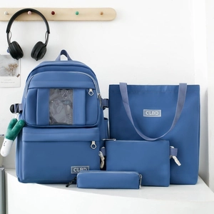 Ensemble sac à dos 4 pièces en nylon bleu comprenant un cabas et des pochettes assorties