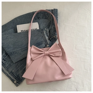 Pink PU leather shoulder bag with large bow decoration for women, sweet summer style