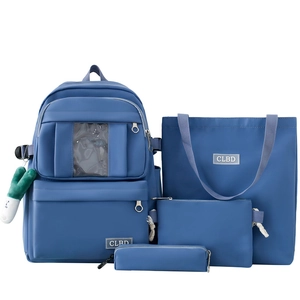 Ensemble 4 pièces sac à dos en nylon bleu Morandi pour étudiants avec poches transparentes