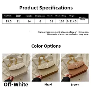 Detailed size specifications and color options for woven crossbody bag with metal buckle