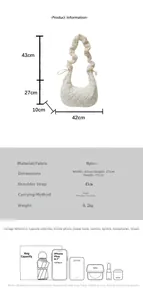 Detailed size guide and capacity chart for the white quilted nylon crossbody hobo bag
