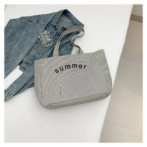 Striped Canvas Tote Bag Summer Letter Printed Large Capacity Casual Shoulder Bag Women Fashion Fabric Handbag Travel