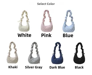 Collage showing seven colors of quilted nylon crossbody bags with ruffled handles