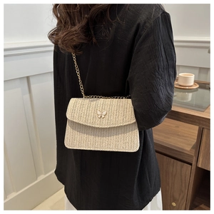 Detail of woven fabric shoulder bag featuring elegant golden butterfly clasp and chain strap