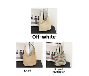 Three hand-woven bucket bags in off-white, khaki, and colorful stripes with leather straps