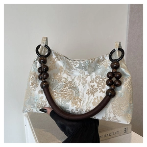 Elegant white satin handbag with floral embroidery and vintage wooden bead handles