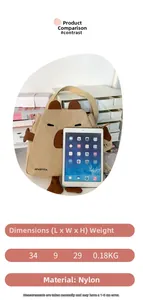 Comparaison de taille détaillée du sac fourre-tout capybara en nylon avec une tablette
