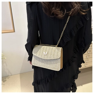 Detail of woven beige crossbody bag featuring a delicate metal butterfly clasp and chain