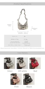 Detailed size chart and color options for PU cloud shoulder bag with bow details